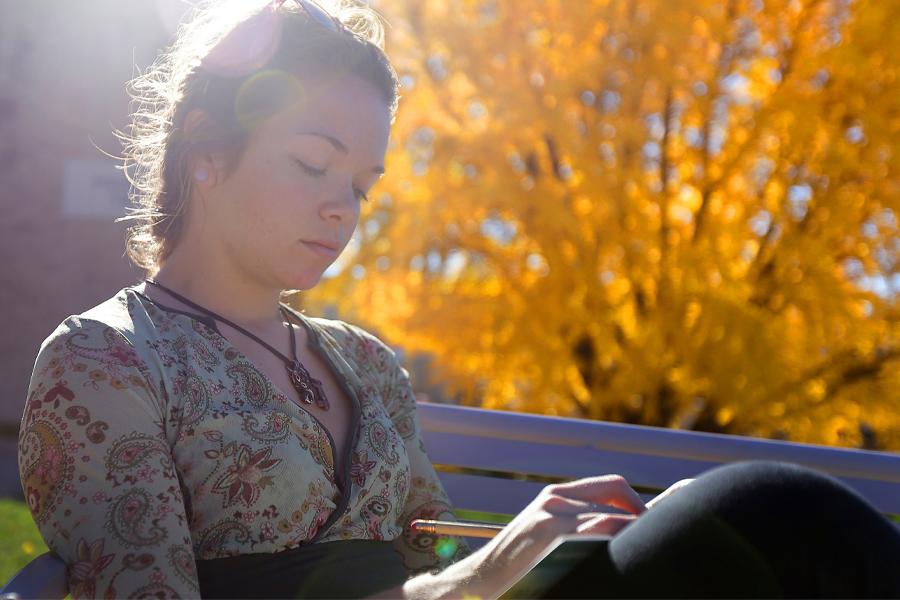 A person sits on a bench and writes with the sun shining and a large yellow tree in the background.