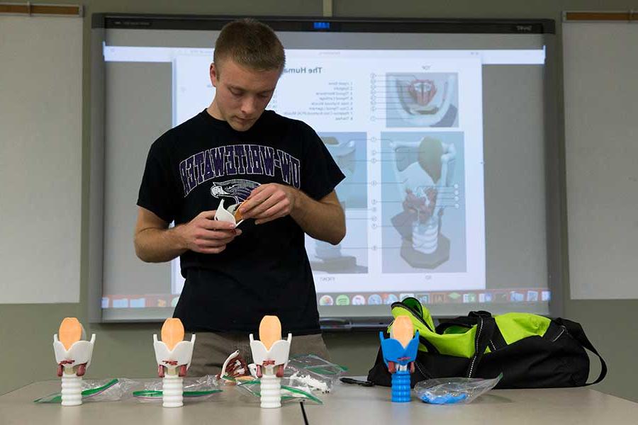 足彩平台 student uses model to learn the function of vocal chords