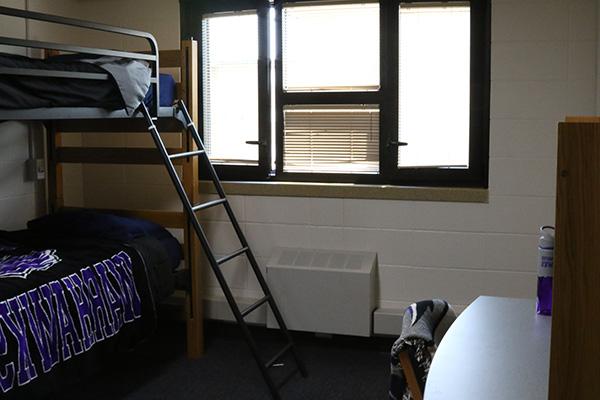 A bunk bed on one side of the room, with a ladder to access the top bunk. On the other side of the room, there is a desk.