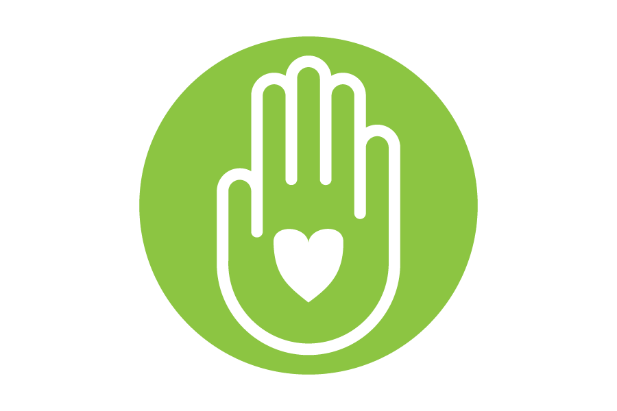 An outline of a hand with a heart on the palm on a green background.