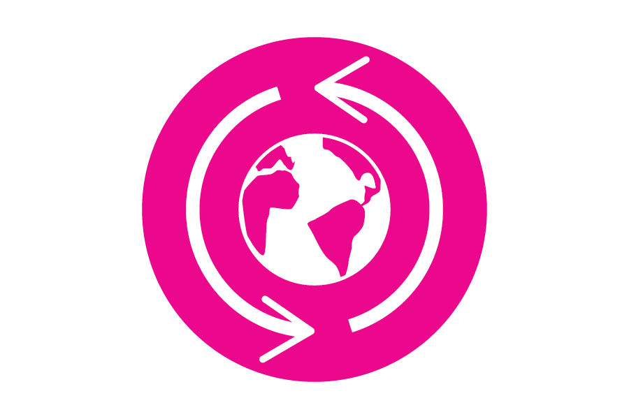 Icon of the earth with arrows curved around it on a pink background