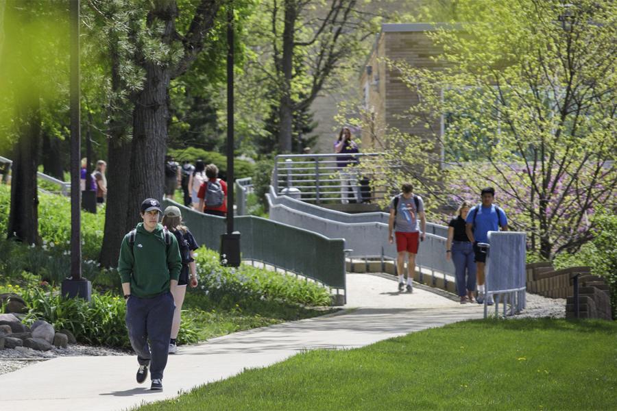 Students walk across on a tree lined sidewalk.